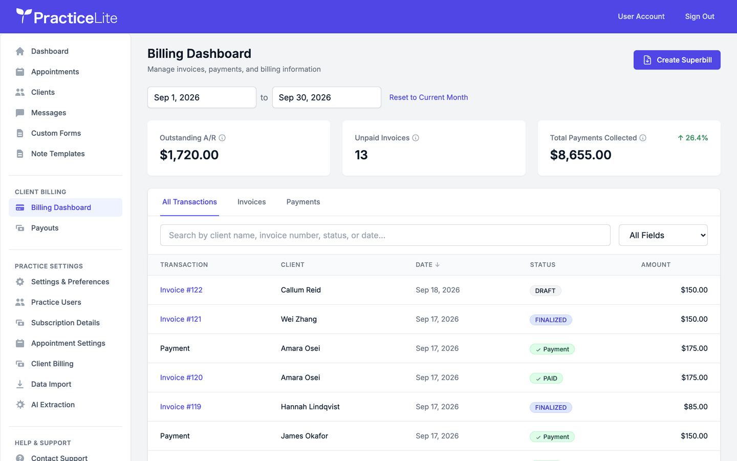 PracticeLite billing dashboard with outstanding balance, collected payments, and invoices