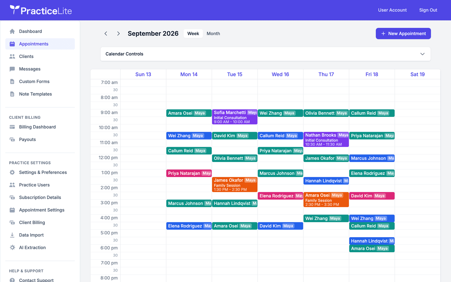 PracticeLite weekly appointment calendar with color-coded appointment types