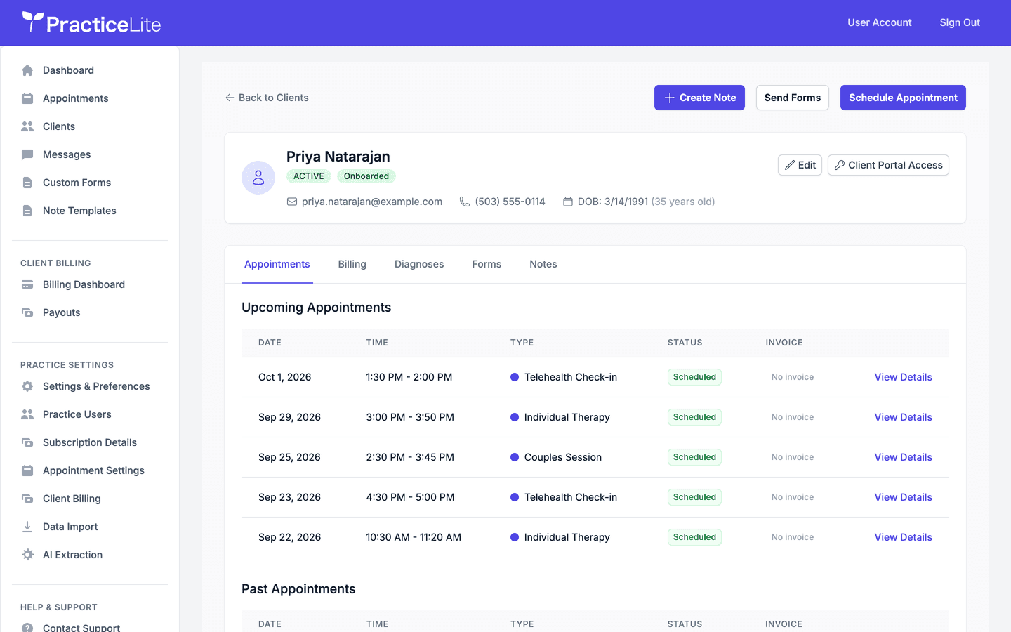 PracticeLite client profile with appointments, billing, forms, and notes tabs