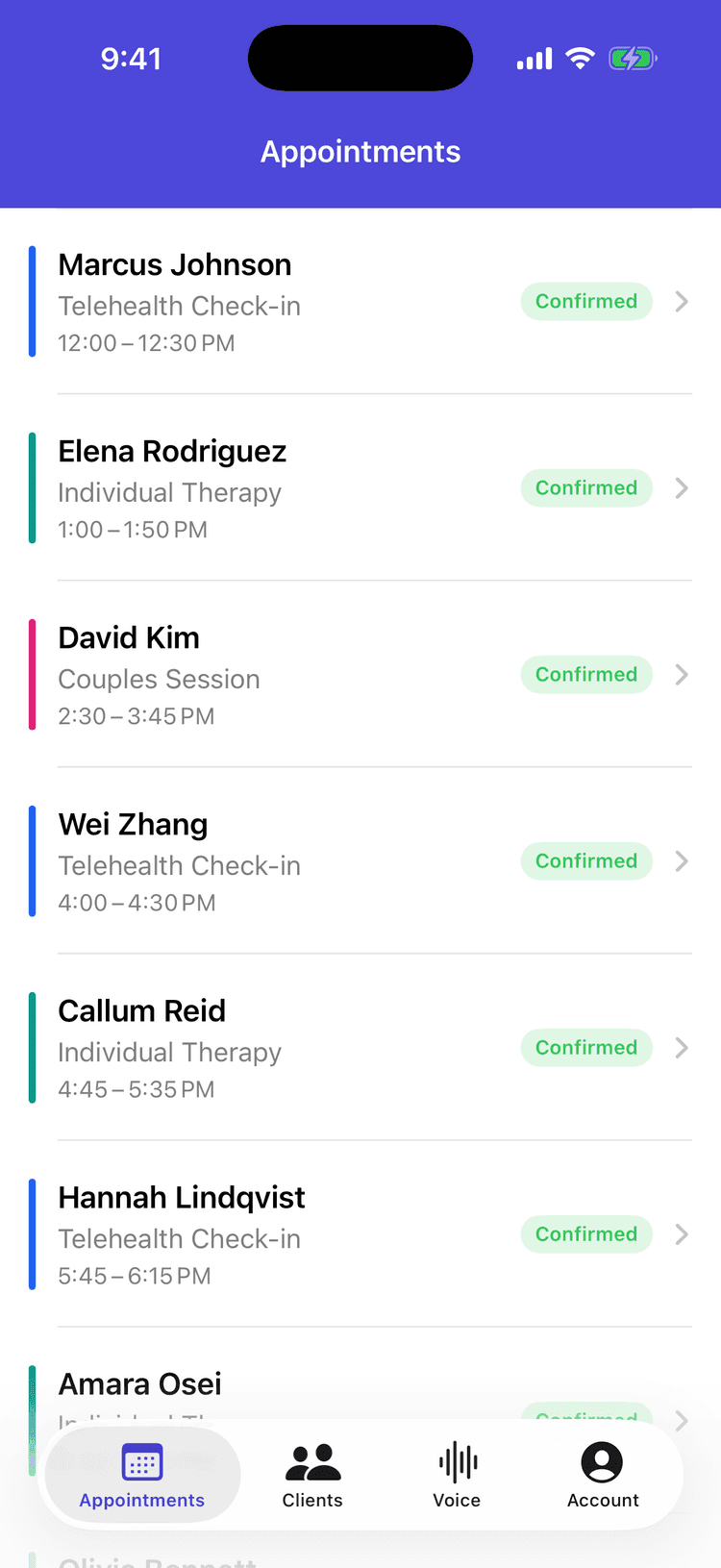 PracticeLite iPhone app showing today’s appointments