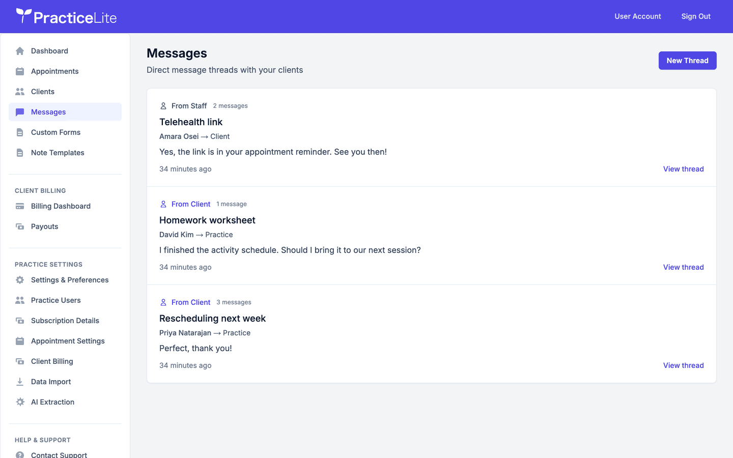 PracticeLite client message threads